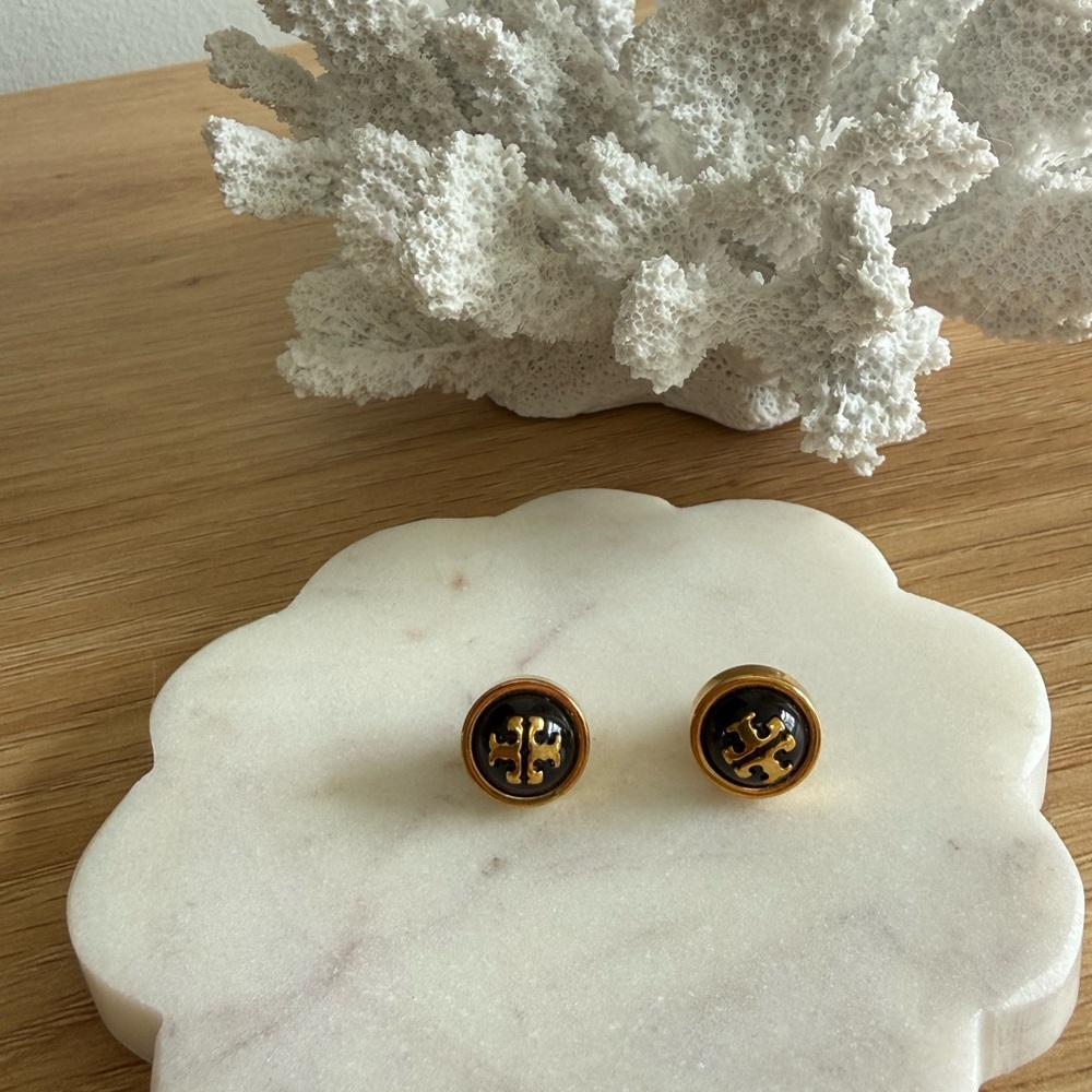 Tory Burch Black and Gold Round Stud Earrings